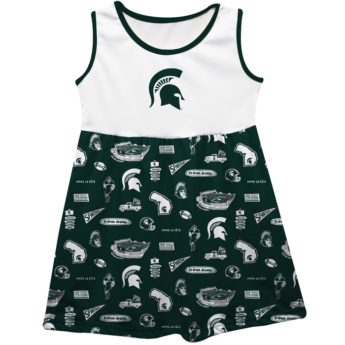 Michigan State Spartans Sleeveless Tank Dress Girls White Repeat Print Hand Sketched Vive La Fete Impressions