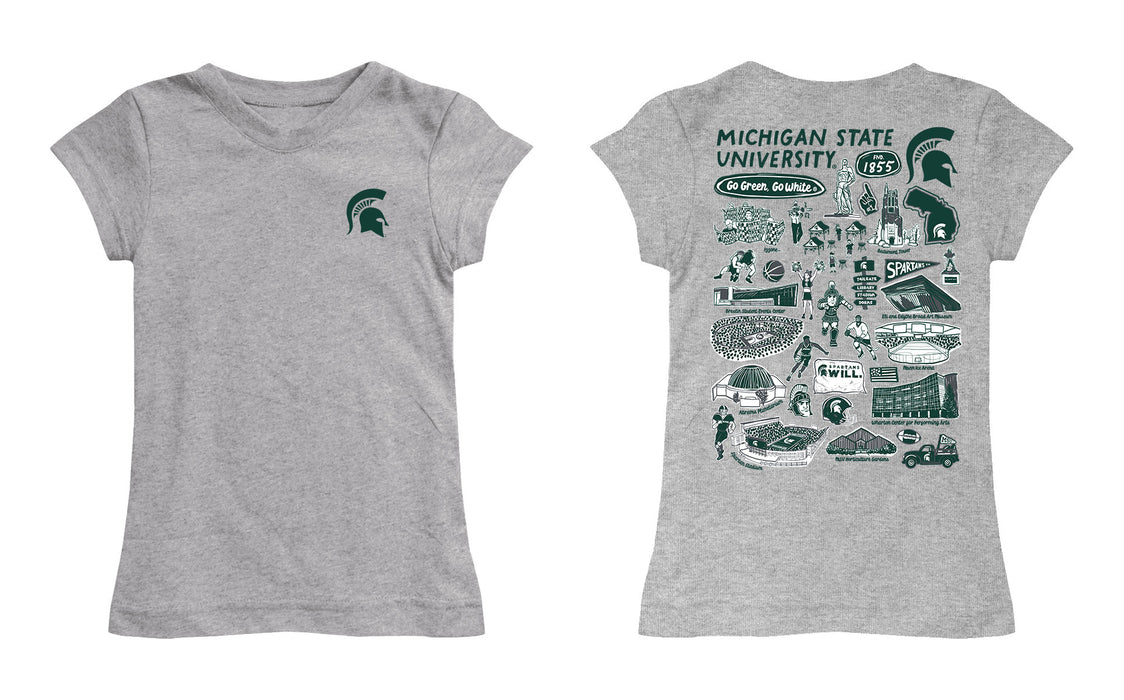 Michigan State Spartans Hand Sketched Vive La Fete Impressions Artwork Grey Girls Cotton Short Sleeve Tee - Vive La Fête - Online Apparel Store