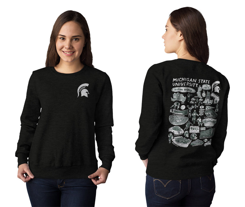 Michigan State Spartans Hand Sketched Artwork Black Crewneck Sweatshirt for Women - Vive La Fête - Online Apparel Store