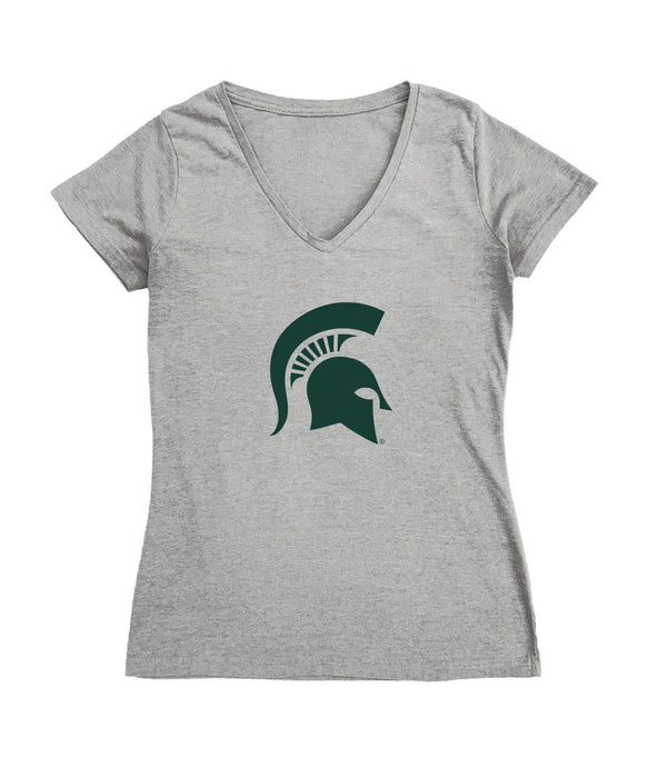 Michigan State Spartans Women's V-neck Fitted Cotton T-Shirt Grey
