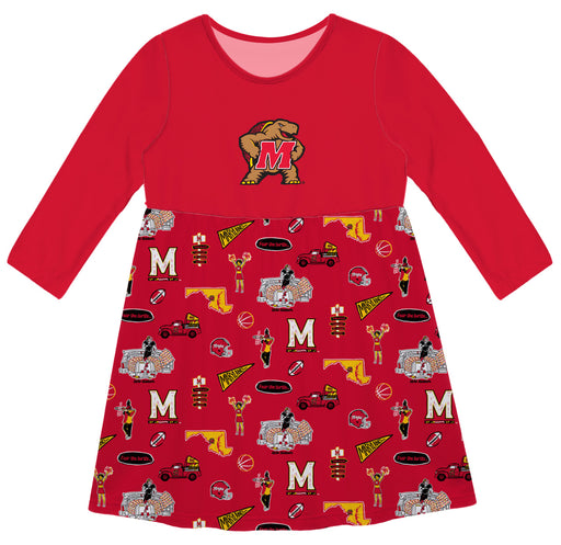 University of Maryland Terrapins Long Sleeve Solid Red Repeat Print Hand Sketched Impressions Artwork on Skirt