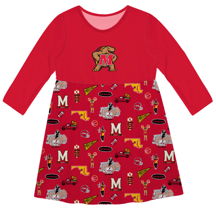 University of Maryland Terrapins Long Sleeve Solid Red Repeat Print Hand Sketched Impressions Artwork on Skirt