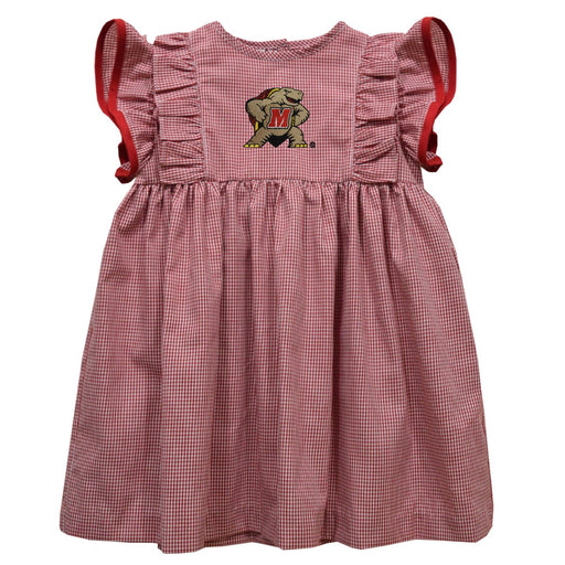 University of Maryland Terrapins Embroidered Cardinal Red Ginhham Ruffle Dress