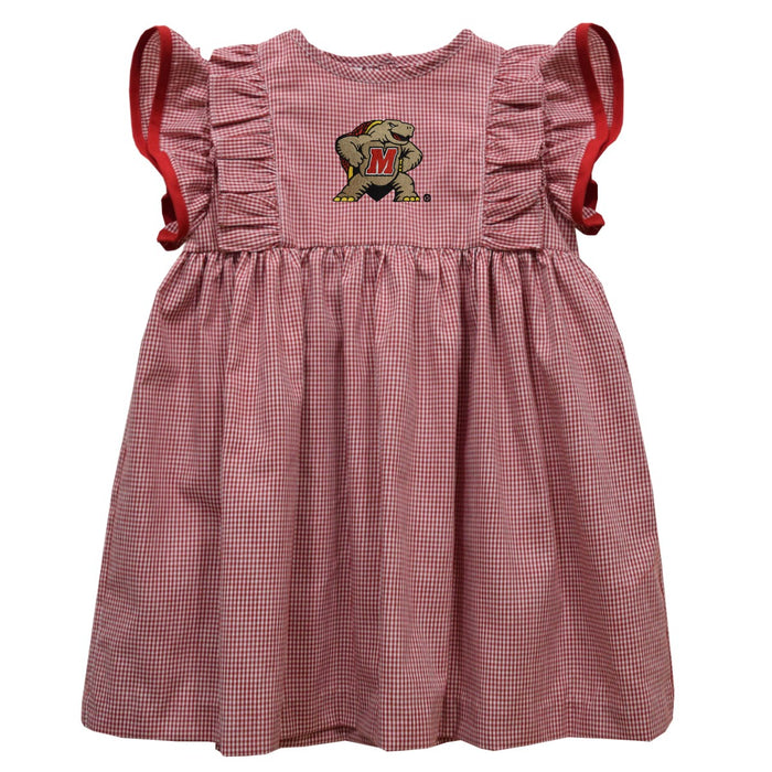 University of Maryland Terrapins Embroidered Cardinal Red Ginhham Ruffle Dress