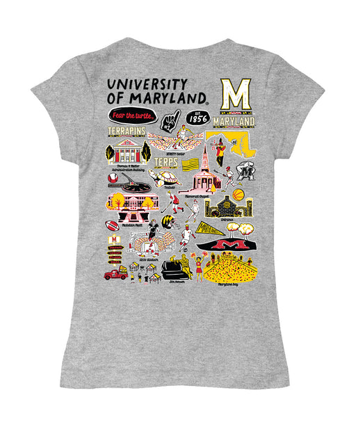 University of Maryland Terrapins Hand Sketched Vive La Fete Impressions Artwork Grey Girls Cotton Short Sleeve Tee - Vive La Fête - Online Apparel Store