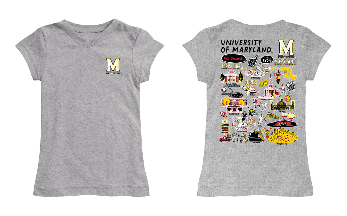 University of Maryland Terrapins Hand Sketched Vive La Fete Impressions Artwork Grey Girls Cotton Short Sleeve Tee - Vive La Fête - Online Apparel Store