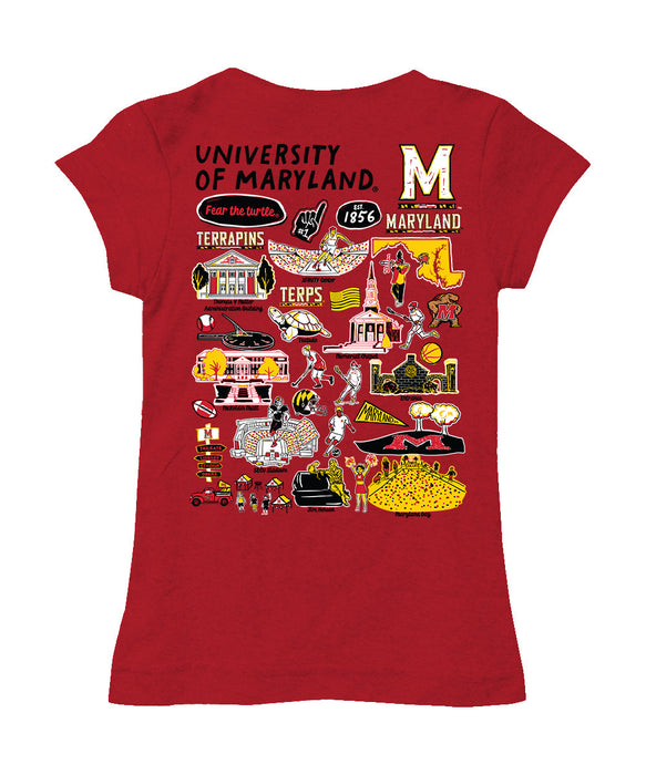 University of Maryland Terrapins Hand Sketched Vive La Fete Impressions Artwork Red Girls Cotton Short Sleeve Tee - Vive La Fête - Online Apparel Store