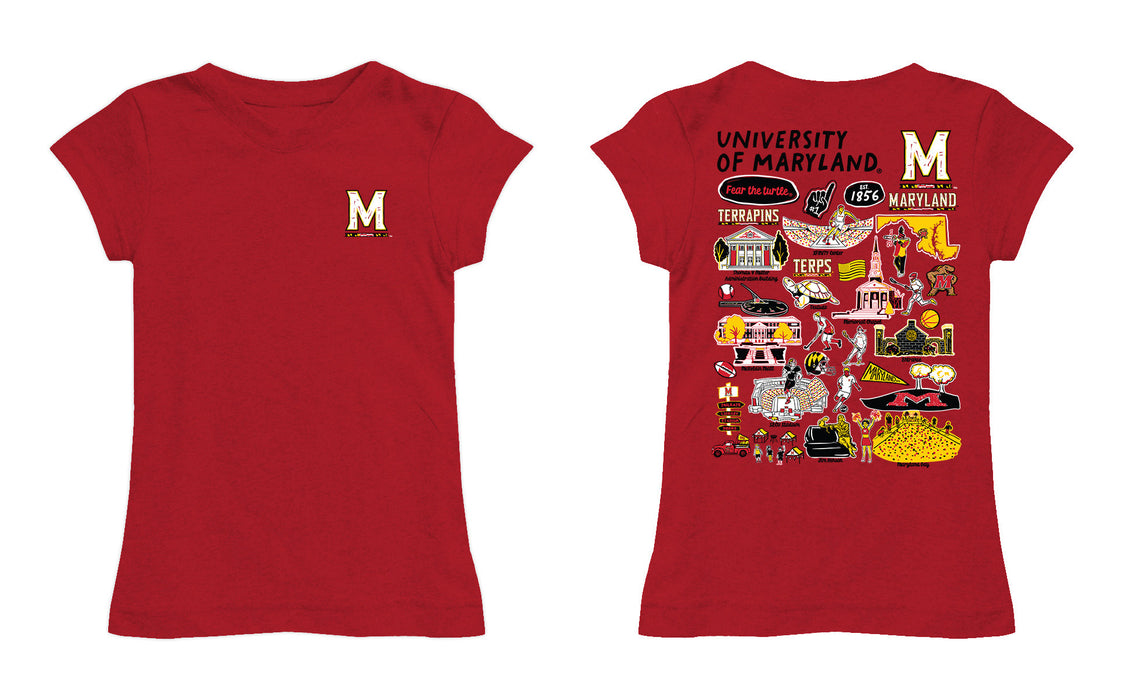 University of Maryland Terrapins Hand Sketched Vive La Fete Impressions Artwork Red Girls Cotton Short Sleeve Tee - Vive La Fête - Online Apparel Store