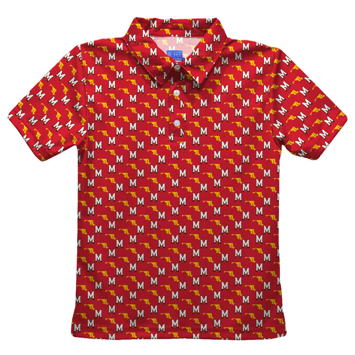University of Maryland Terrapins Vive La Fete All Over Logo Red Short Sleeve Polo Shirt