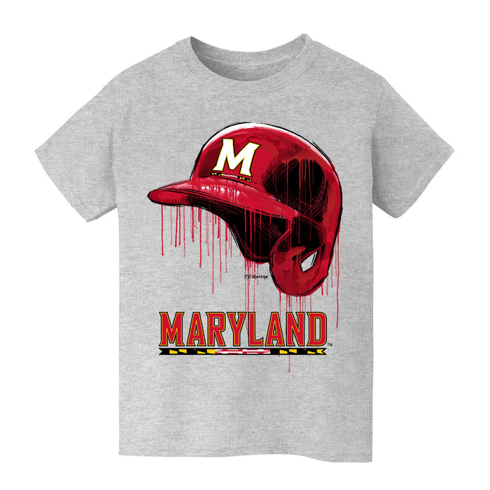 University of Maryland Terrapins Original Dripping Baseball Helmet Grey Cotton T-Shirt  by Vive La Fete