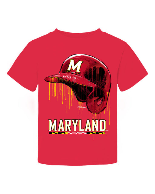 University of Maryland Terrapins Original Dripping Baseball Helmet Red T-Shirt Cotton by Vive La Fete