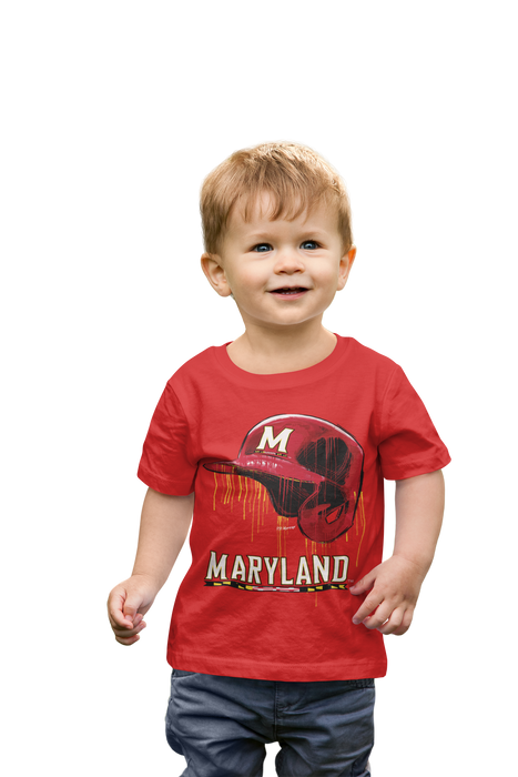 University of Maryland Terrapins Original Dripping Baseball Helmet Red T-Shirt Cotton by Vive La Fete - Vive La Fête - Online Apparel Store