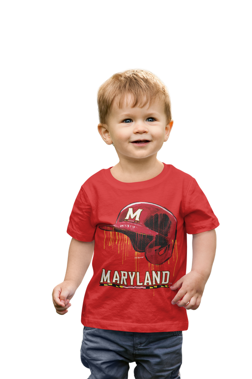 University of Maryland Terrapins Original Dripping Baseball Helmet Red T-Shirt Cotton by Vive La Fete - Vive La Fête - Online Apparel Store
