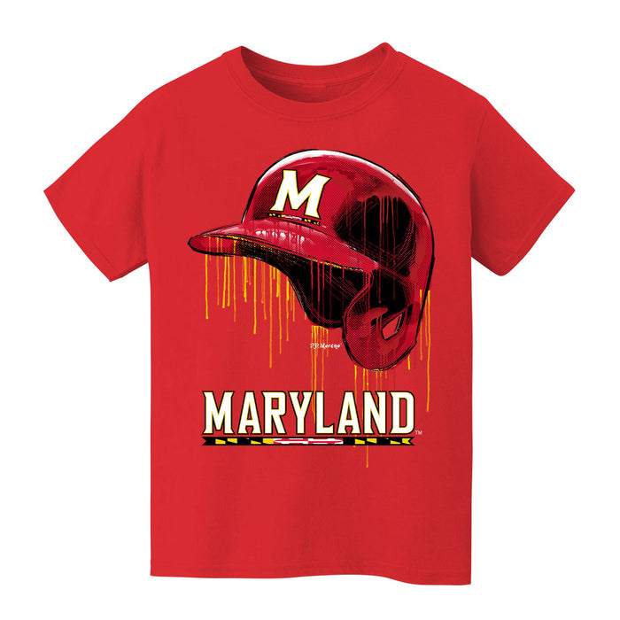 University of Maryland Terrapins Original Dripping Baseball Helmet Red T-Shirt Cotton by Vive La Fete