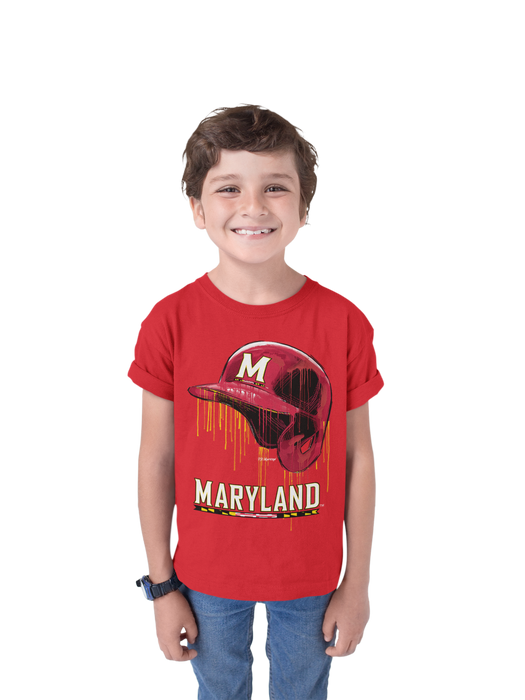University of Maryland Terrapins Original Dripping Baseball Helmet Red T-Shirt Cotton by Vive La Fete - Vive La Fête - Online Apparel Store