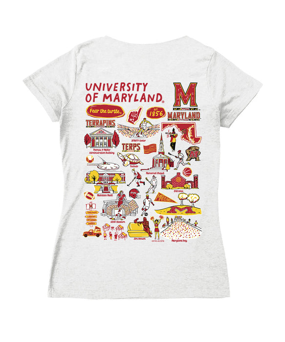 Maryland Terrapins Hand Sketched Vive La Fete Impressions Artwork Red Women Cotton Short Sleeve V-Neck Tshirt