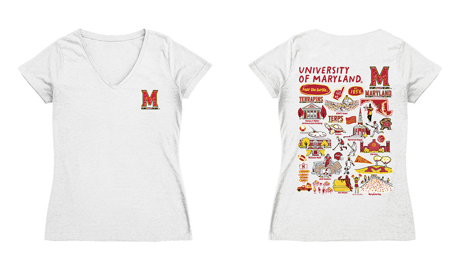 Maryland Terrapins Hand Sketched Vive La Fete Impressions Artwork Red Women Cotton Short Sleeve V-Neck Tshirt