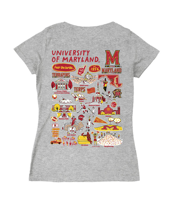 Maryland Terrapins Hand Sketched Vive La Fete Impressions Artwork Red Women Cotton Short Sleeve V-Neck Tshirt