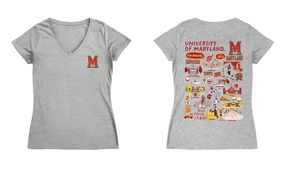 Maryland Terrapins Hand Sketched Vive La Fete Impressions Artwork Red Women Cotton Short Sleeve V-Neck Tshirt