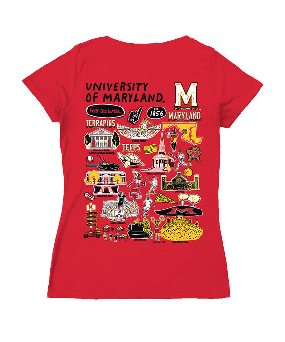 Maryland Terrapins Hand Sketched Vive La Fete Impressions Artwork Red Women Cotton Short Sleeve V-Neck Tshirt