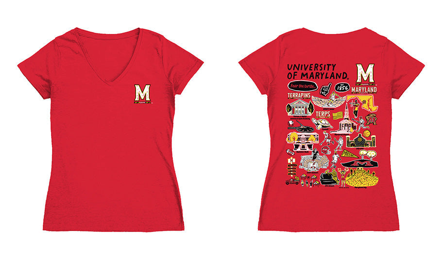 Maryland Terrapins Hand Sketched Vive La Fete Impressions Artwork Red Women Cotton Short Sleeve V-Neck Tshirt