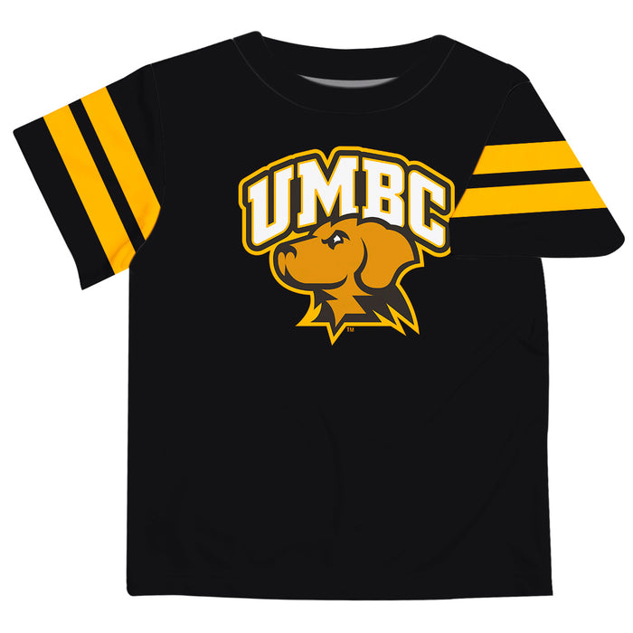 Maryland Baltimore County Retrievers Vive La Fete Boys Game Day Black Short Sleeve Tee with Stripes on Sleeves