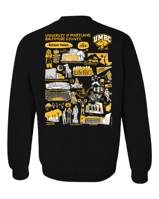 UMBC Retreivers Hand Sketched Vive La Fete Impressions Artwork Black Crew Neck Sweatshirt for Women - Vive La Fête - Online Apparel Store