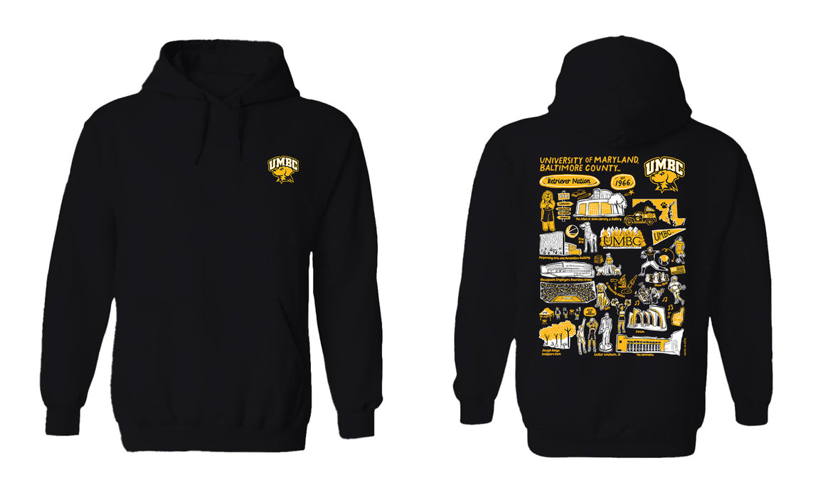 UMBC Retreivers Hand Sketched Vive La Fete Impressions Artwork Black Cotton Fleece Long Sleeve Hoodie - Vive La Fête - Online Apparel Store
