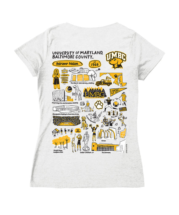 UMBC Retreivers Hand Sketched Vive La Fete Impressions Artwork Black Women Cotton Short Sleeve V-Neck Tshirt