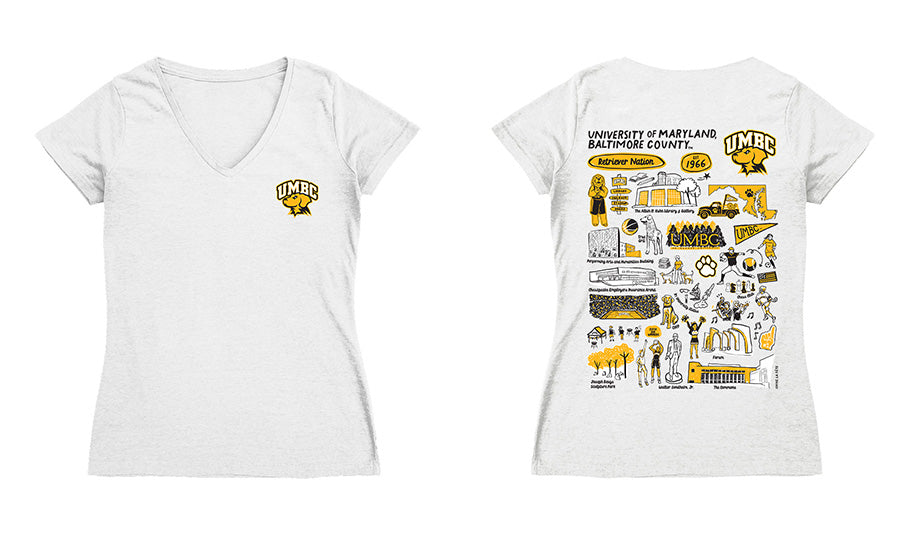 UMBC Retreivers Hand Sketched Vive La Fete Impressions Artwork Black Women Cotton Short Sleeve V-Neck Tshirt