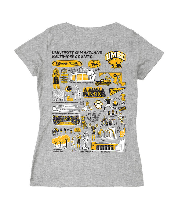 UMBC Retreivers Hand Sketched Vive La Fete Impressions Artwork Black Women Cotton Short Sleeve V-Neck Tshirt