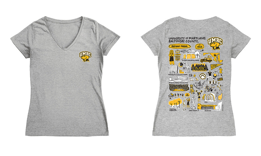 UMBC Retreivers Hand Sketched Vive La Fete Impressions Artwork Black Women Cotton Short Sleeve V-Neck Tshirt