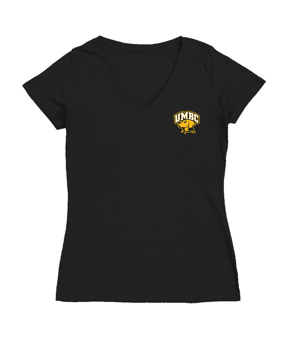 UMBC Retreivers Hand Sketched Vive La Fete Impressions Artwork Black Women Cotton Short Sleeve V-Neck Tshirt