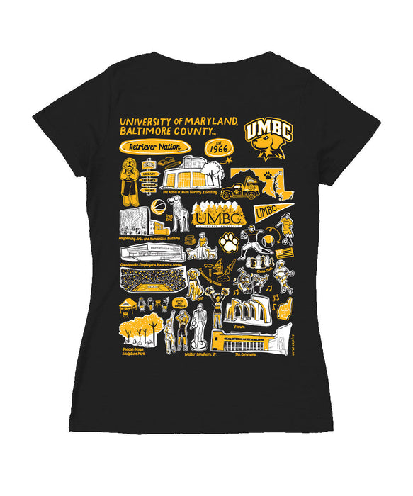 UMBC Retreivers Hand Sketched Vive La Fete Impressions Artwork Black Women Cotton Short Sleeve V-Neck Tshirt