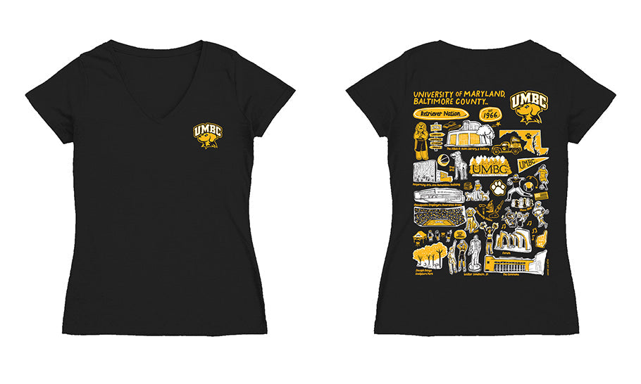 UMBC Retreivers Hand Sketched Vive La Fete Impressions Artwork Black Women Cotton Short Sleeve V-Neck Tshirt