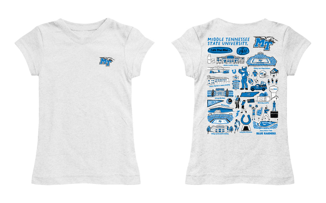 MTSU Blue Raiders Hand Sketched Vive La Fete Impressions Artwork White Girls Cotton Short Sleeve Tee - Vive La Fête - Online Apparel Store