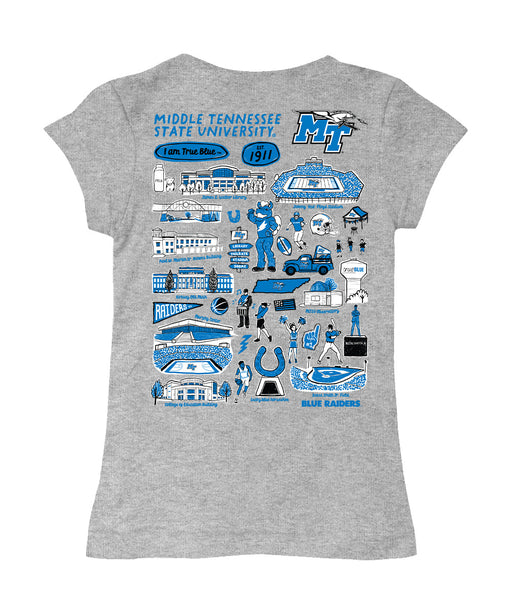 MTSU Blue Raiders Hand Sketched Vive La Fete Impressions Artwork Grey Girls Cotton Short Sleeve Tee - Vive La Fête - Online Apparel Store