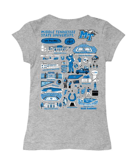 MTSU Blue Raiders Hand Sketched Vive La Fete Impressions Artwork Grey Girls Cotton Short Sleeve Tee - Vive La Fête - Online Apparel Store