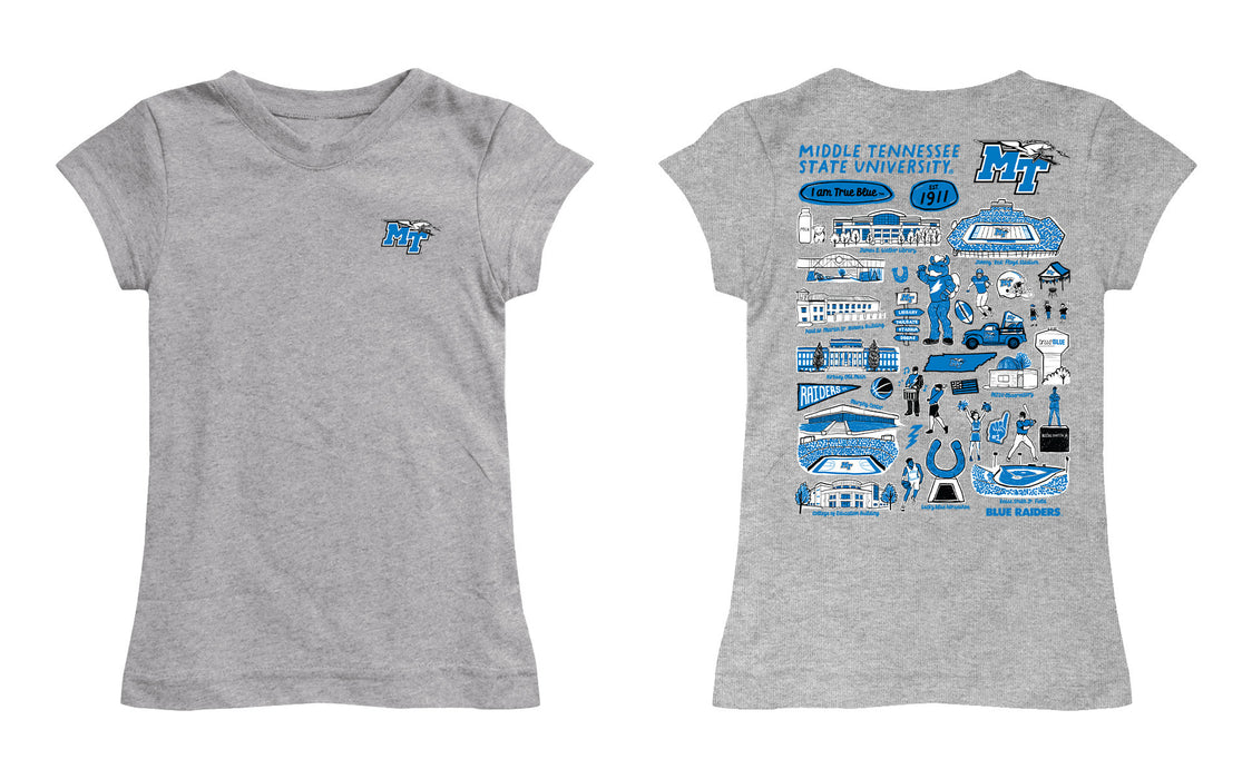 MTSU Blue Raiders Hand Sketched Vive La Fete Impressions Artwork Grey Girls Cotton Short Sleeve Tee - Vive La Fête - Online Apparel Store