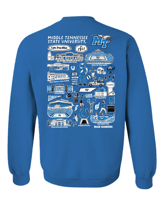 MTSU Blue Raiders Hand Sketched Artwork light Blue Crewneck Sweatshirt for Women - Vive La Fête - Online Apparel Store