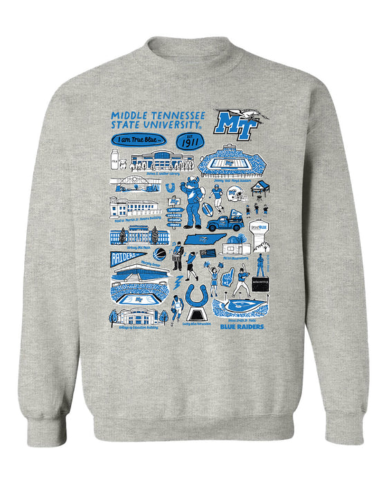 MTSU Blue Raiders Hand Sketched Vive La Fete Impressions Grey Cotton Crewneck Sweatshirt for Women