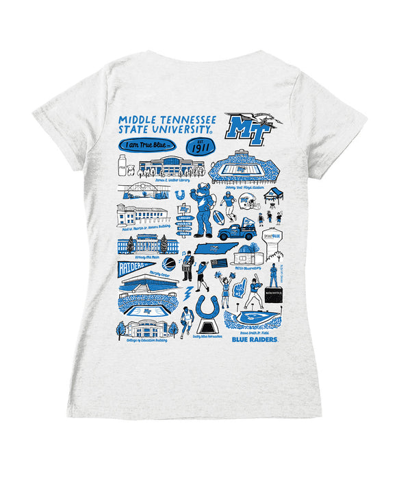 MTSU Blue Raiders Hand Sketched Vive La Fete Impressions Artwork Royal Women Cotton Short Sleeve V-Neck Tshirt