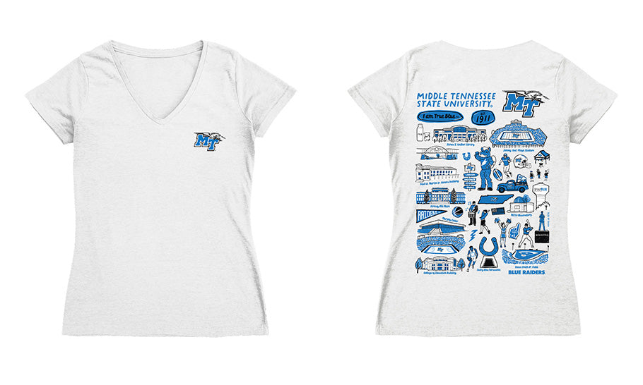 MTSU Blue Raiders Hand Sketched Vive La Fete Impressions Artwork Royal Women Cotton Short Sleeve V-Neck Tshirt
