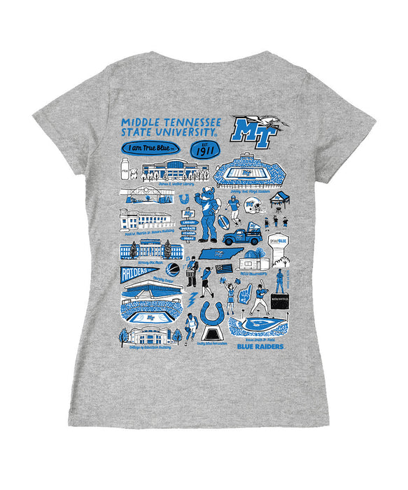 MTSU Blue Raiders Hand Sketched Vive La Fete Impressions Artwork Royal Women Cotton Short Sleeve V-Neck Tshirt