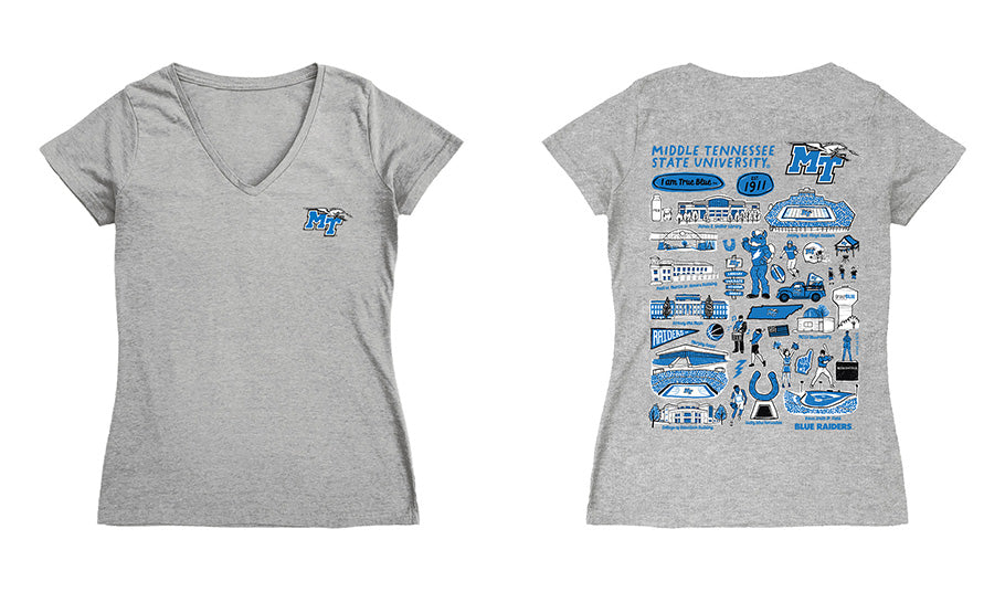 MTSU Blue Raiders Hand Sketched Vive La Fete Impressions Artwork Royal Women Cotton Short Sleeve V-Neck Tshirt