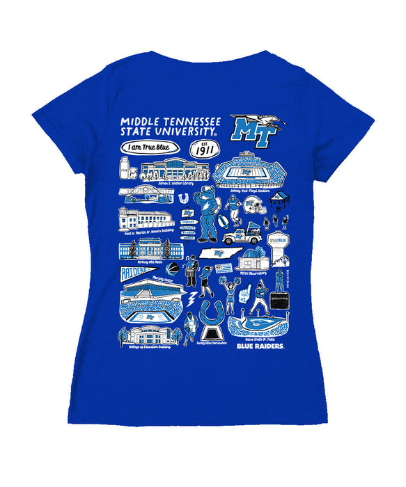 MTSU Blue Raiders Hand Sketched Vive La Fete Impressions Artwork Royal Women Cotton Short Sleeve V-Neck Tshirt