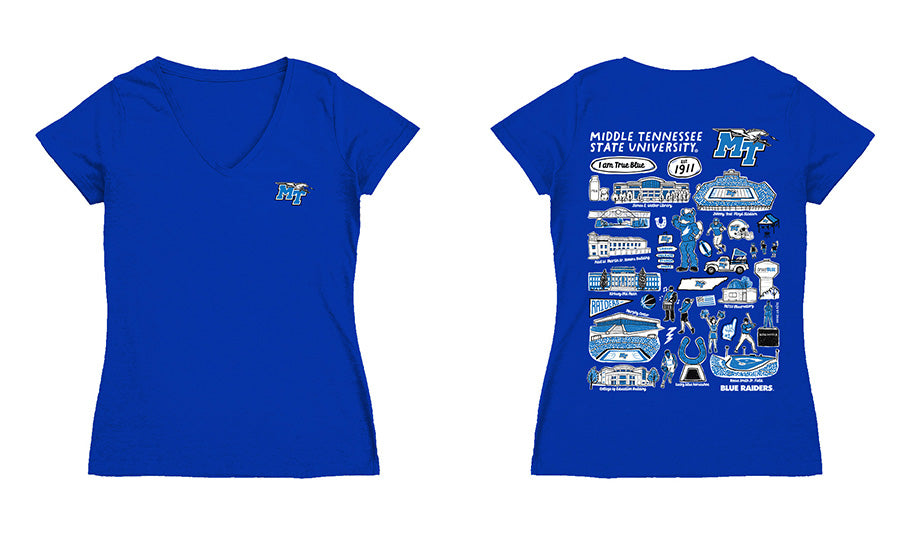 MTSU Blue Raiders Hand Sketched Vive La Fete Impressions Artwork Royal Women Cotton Short Sleeve V-Neck Tshirt