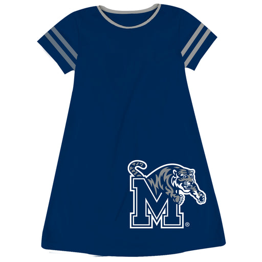 Memphis Tigers Vive La Fete Girls Game Day Short Sleeve Blue A-Line Dress with large Logo