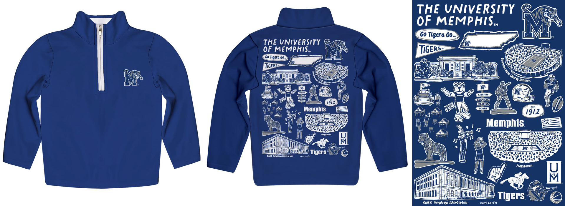 Memphis Tigers Hand Sketched Vive La Fete Impressions Artwork  Blue Boys Quarter Zip Pullover V1 - Vive La Fête - Online Apparel Store