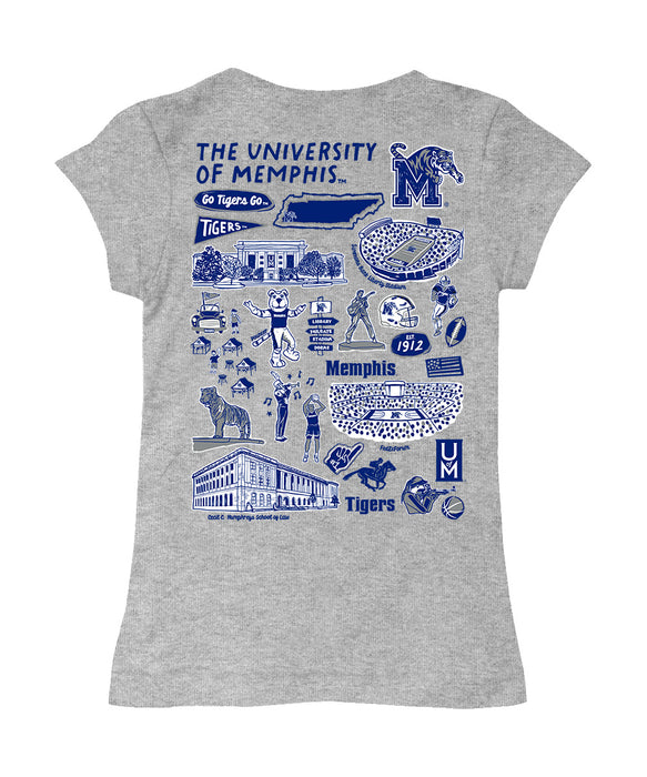 Memphis Tigers Hand Sketched Vive La Fete Impressions Artwork Grey Girls Cotton Short Sleeve Tee - Vive La Fête - Online Apparel Store